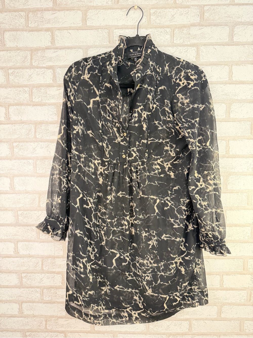 Lucky Brand Marble Print Shirtdress Ruffle Collar Long Sleeve XS